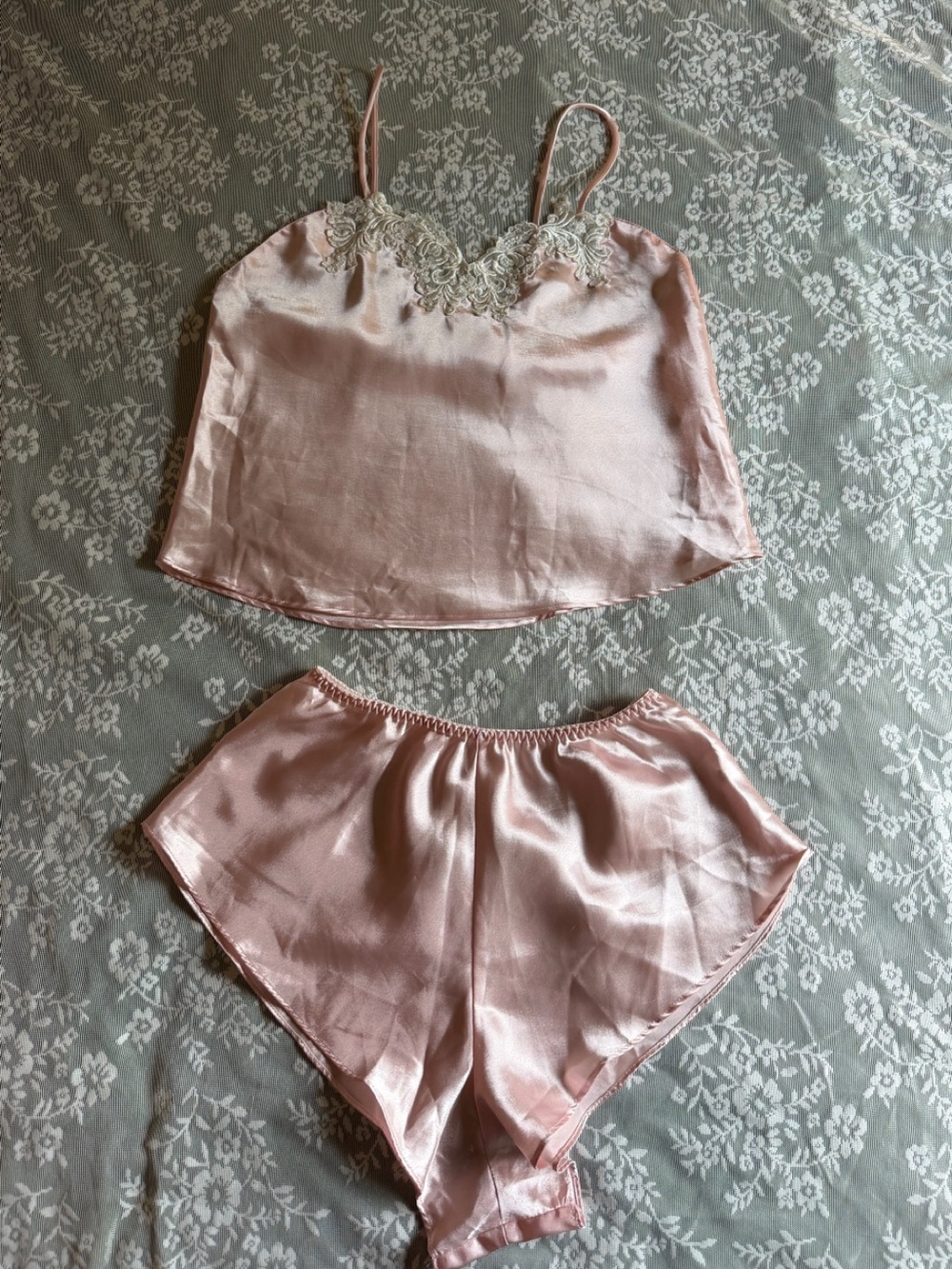 Gold tag Vintage Victoria's Secret Blush Pink Satin Lace-Trim Cami & Shorts Set